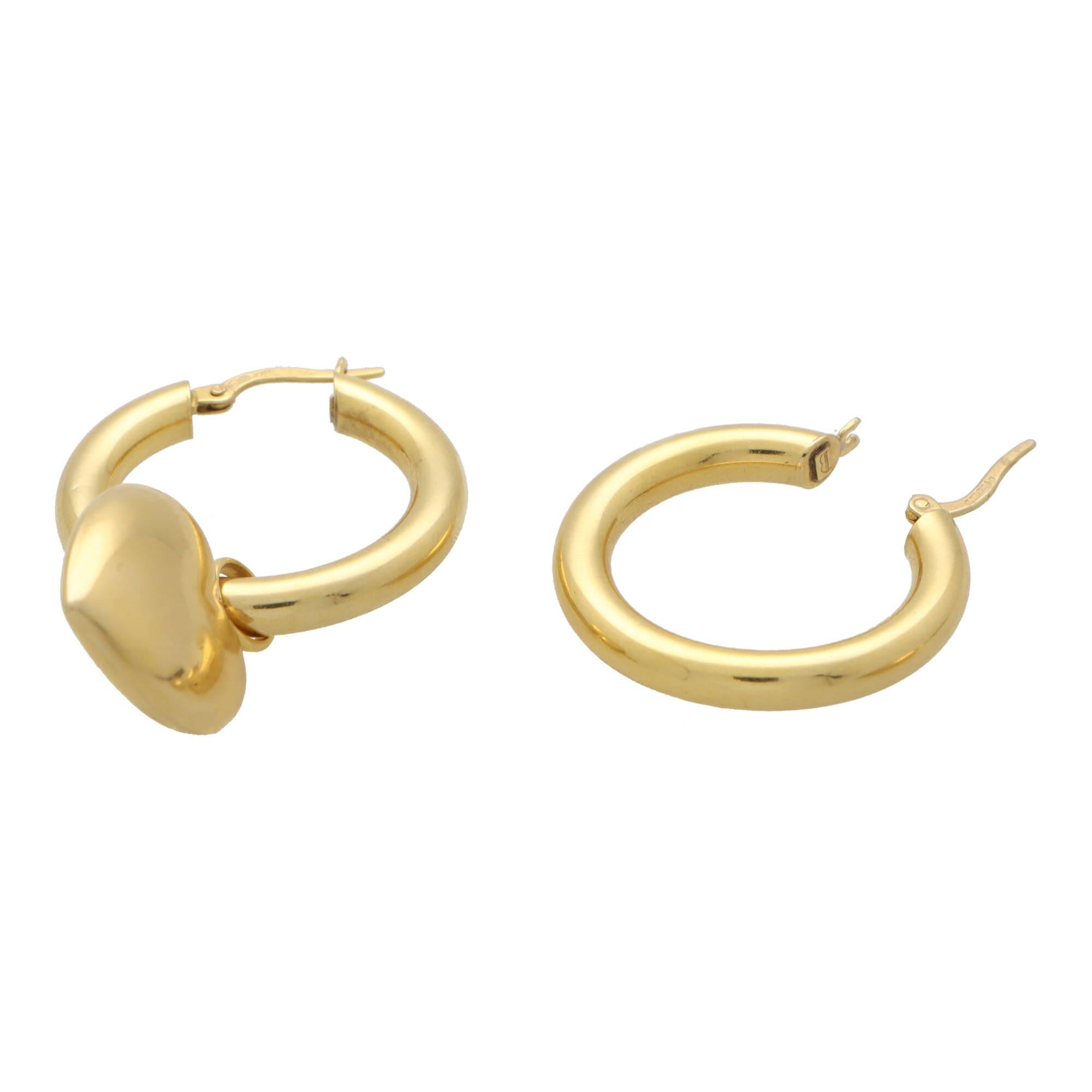 Vintage Retro Convertible Heart Drop Hoop Earrings in 9k Yellow Gold For Sale 2