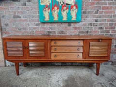 Vintage Retro Designer Sideboard with Louvered Doors, Drawers & Metal Handles
