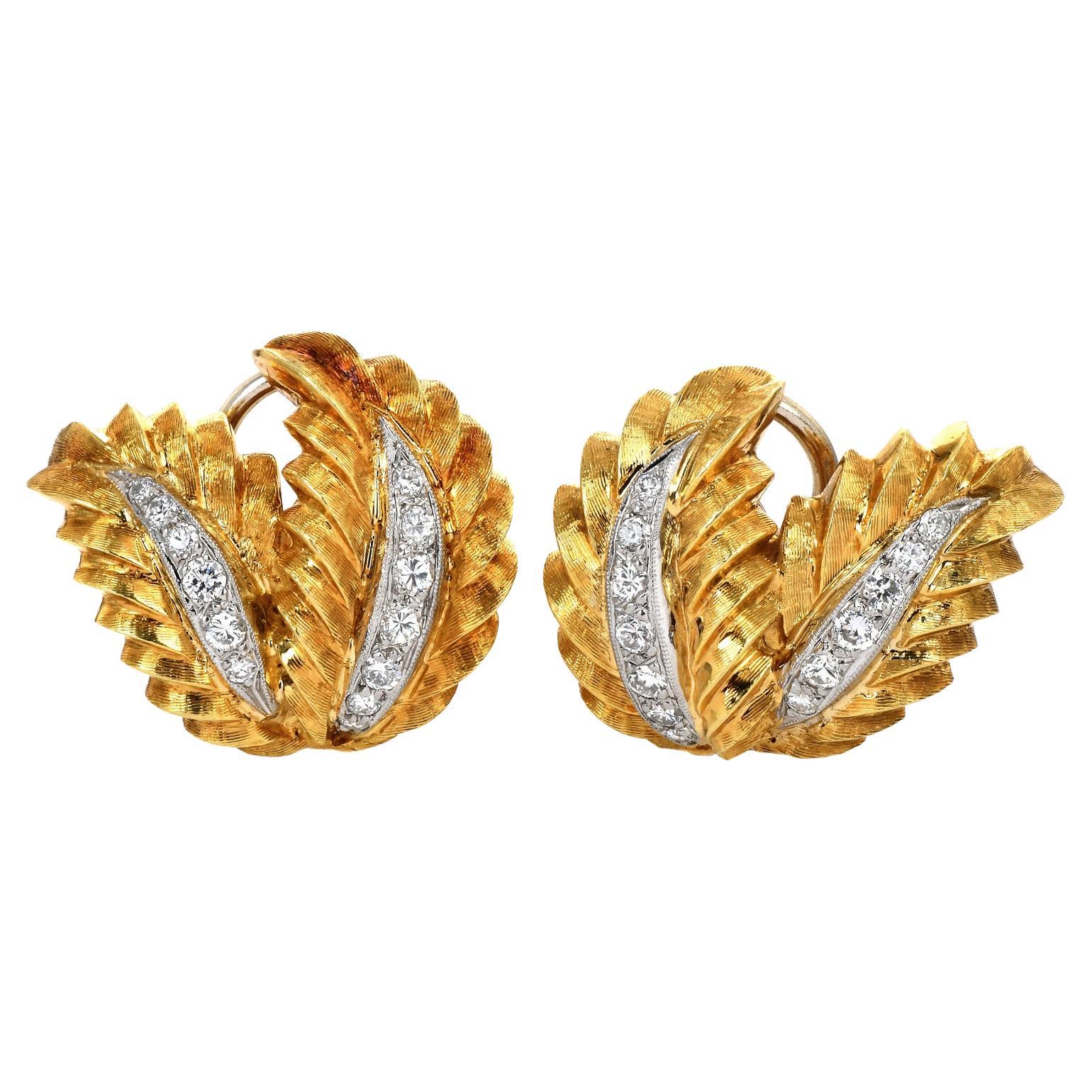 Vintage Retro Diamond 18K Gold Leaf Floral Clip-On Earrings