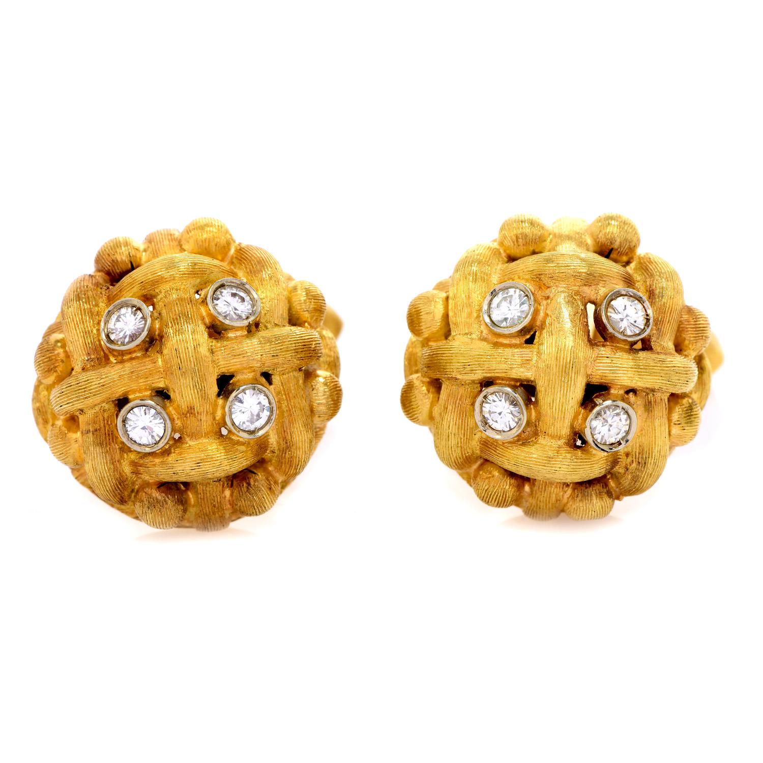 Vintage 1980'S Retro Diamond 18K Gold Woven Style with satin-textured Rope accents Cufflinks, 

This is an exquisite pair of classy cufflinks, weighing approximately 18.4 grams 

Handcrafted in solid heavy 18K yellow gold, each cufflink is