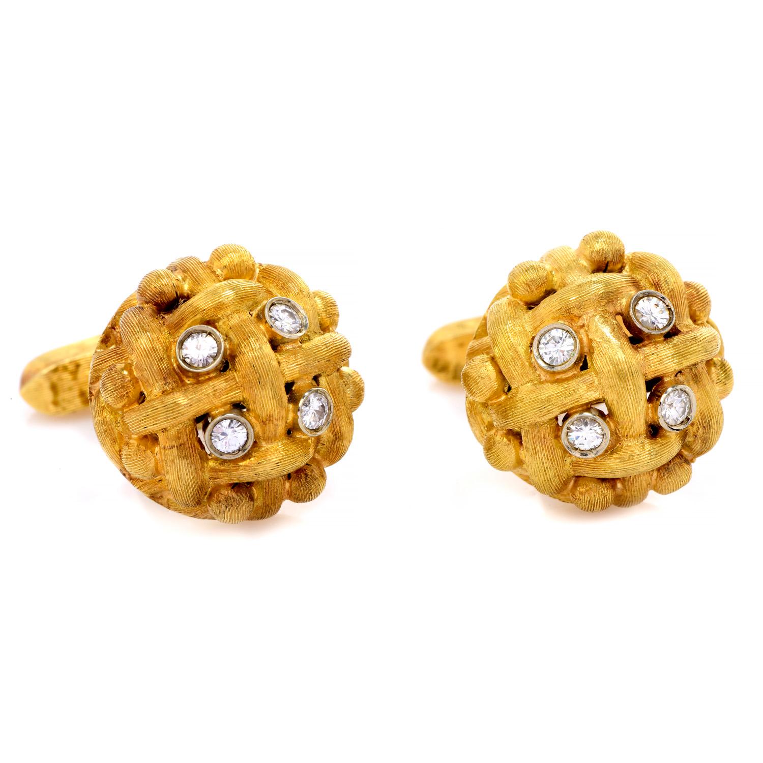 Artisan Vintage Retro Diamond 18K Gold Woven Signed Cufflinks For Sale