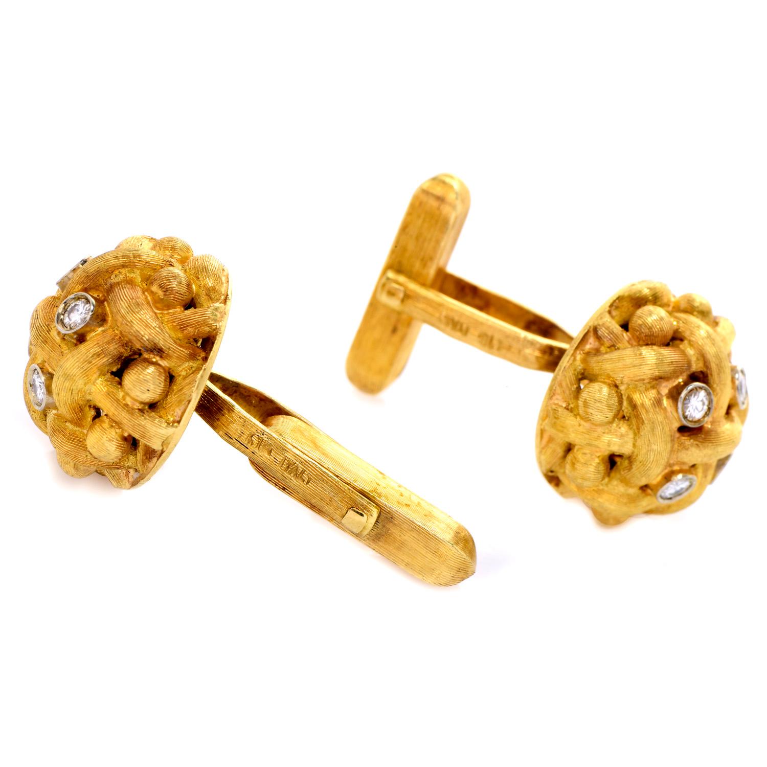 Vintage Retro Diamond 18K Gold Woven Signed Cufflinks In Excellent Condition For Sale In Miami, FL