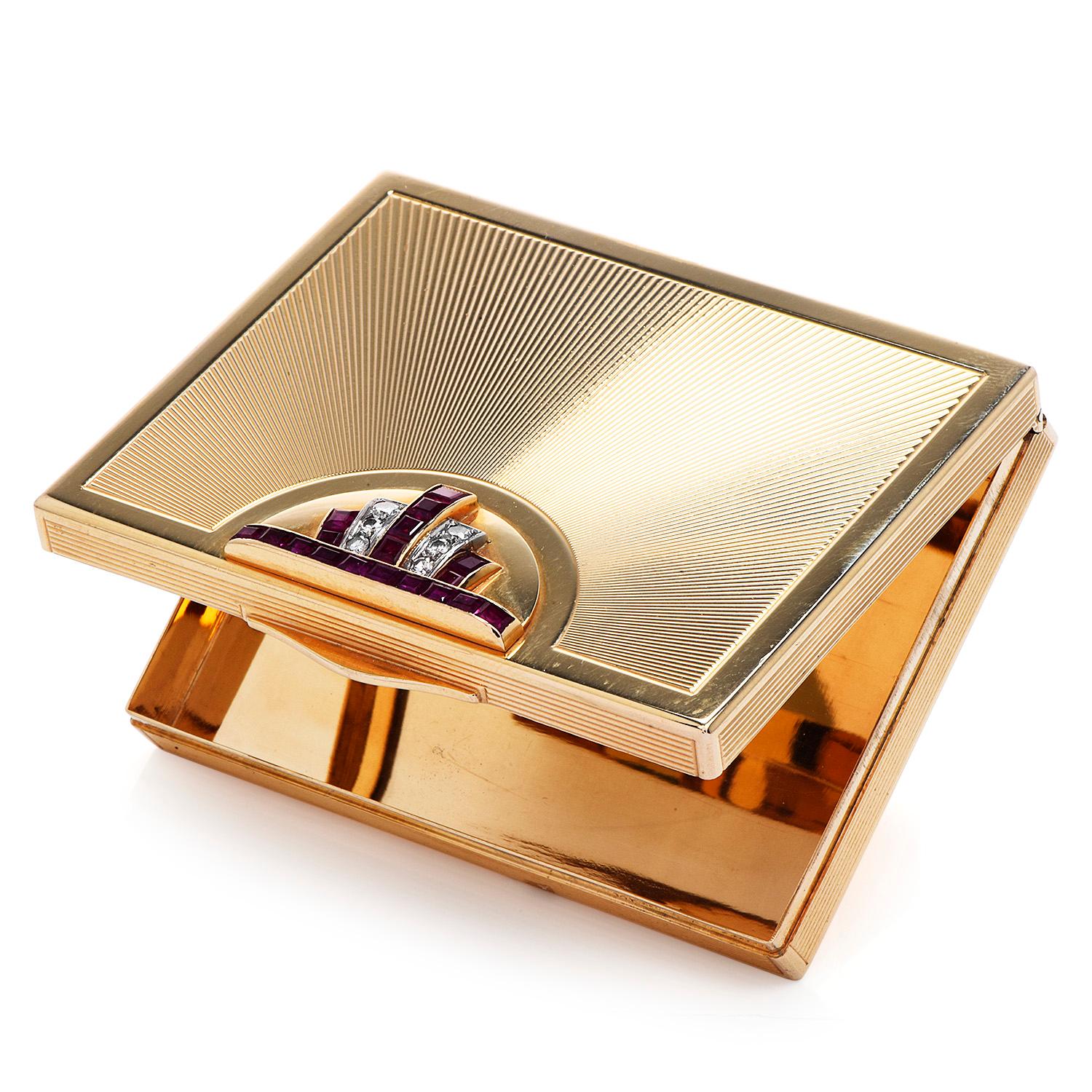 Square Cut Vintage Retro Diamond Burma Ruby 14K Yellow Gold Compact Box