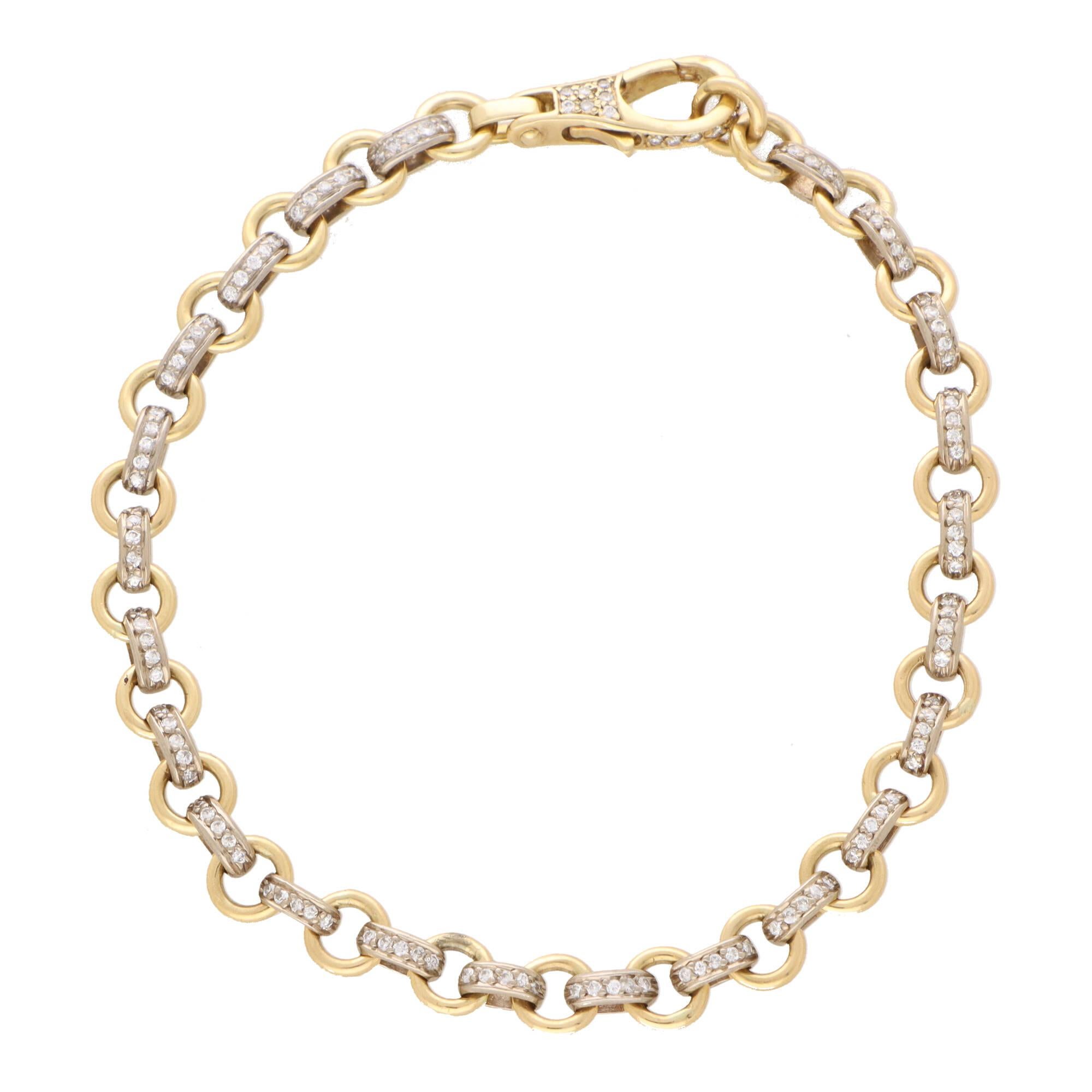 Round Cut Vintage Retro Diamond Chain Link Bracelet in 19k Yellow and White Gold