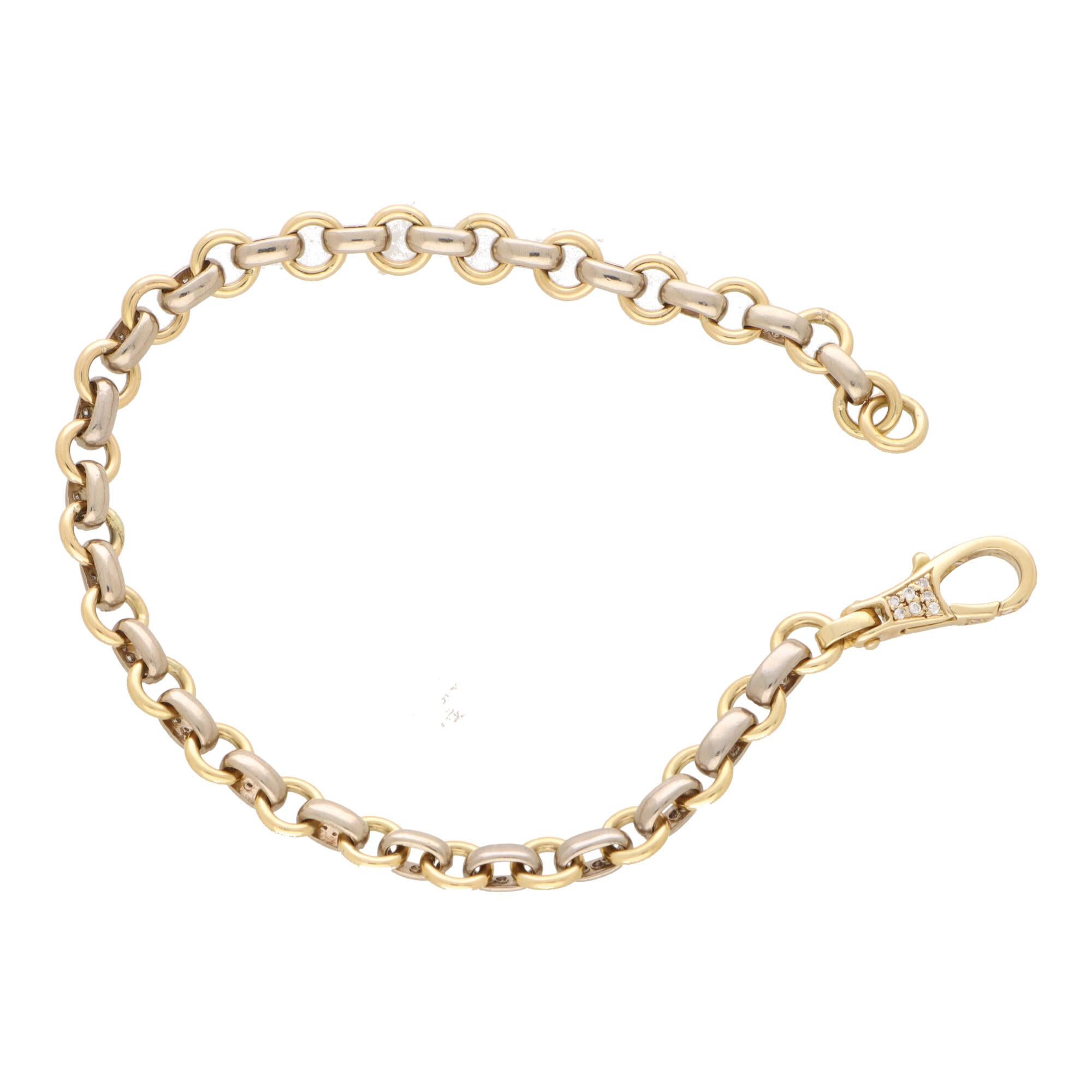 Vintage Retro Diamond Chain Link Bracelet in 19k Yellow and White Gold In Excellent Condition In London, GB