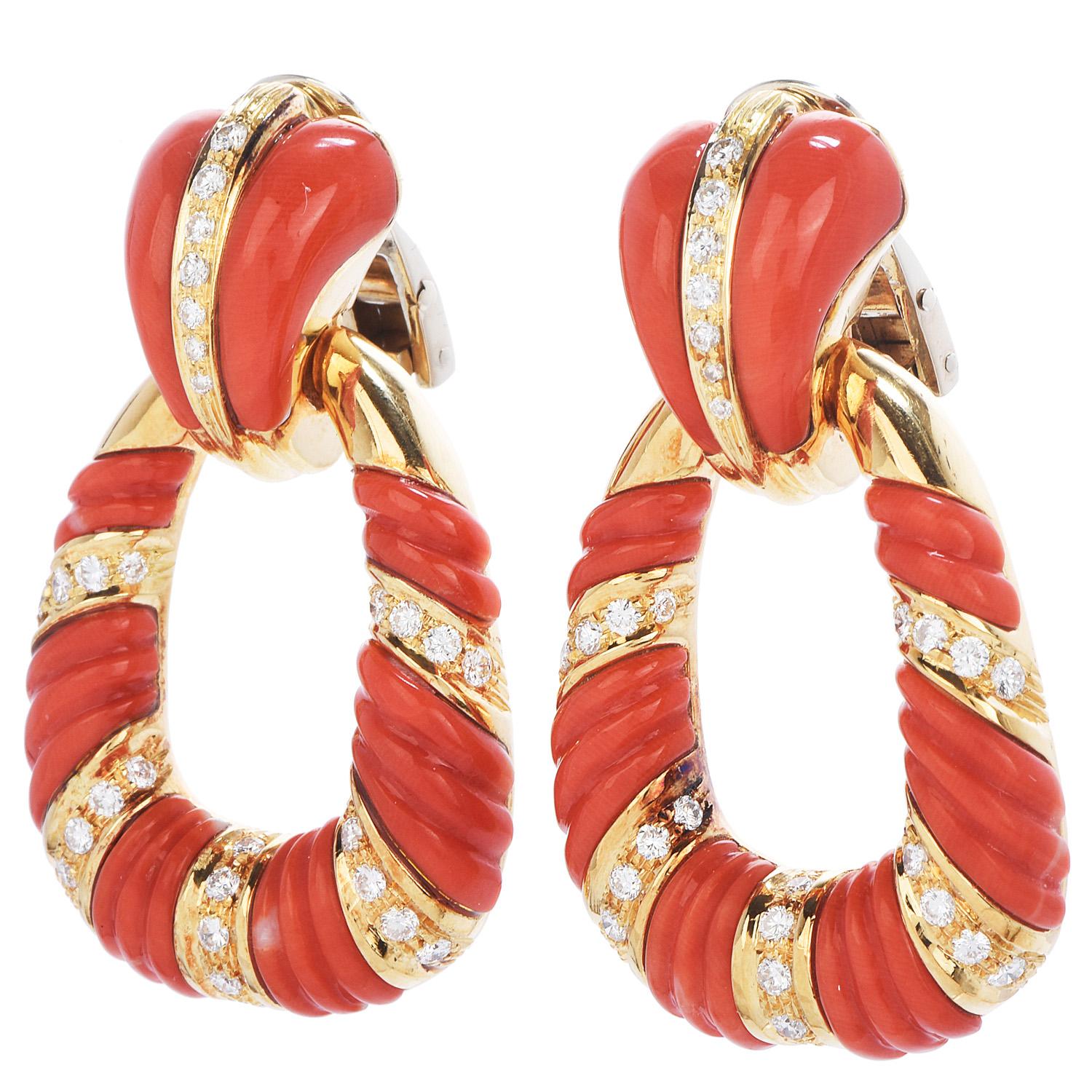 Vintage Retro 1950s with Diamonds & Carved Coral twist design Dangle Earrings,

Crafted in solid 18K yellow gold, Italian Made, composed by (64) round-cut, pave-set, Diamonds weighing approximately 1.70 carats (G-H color and G-H clarity)

With