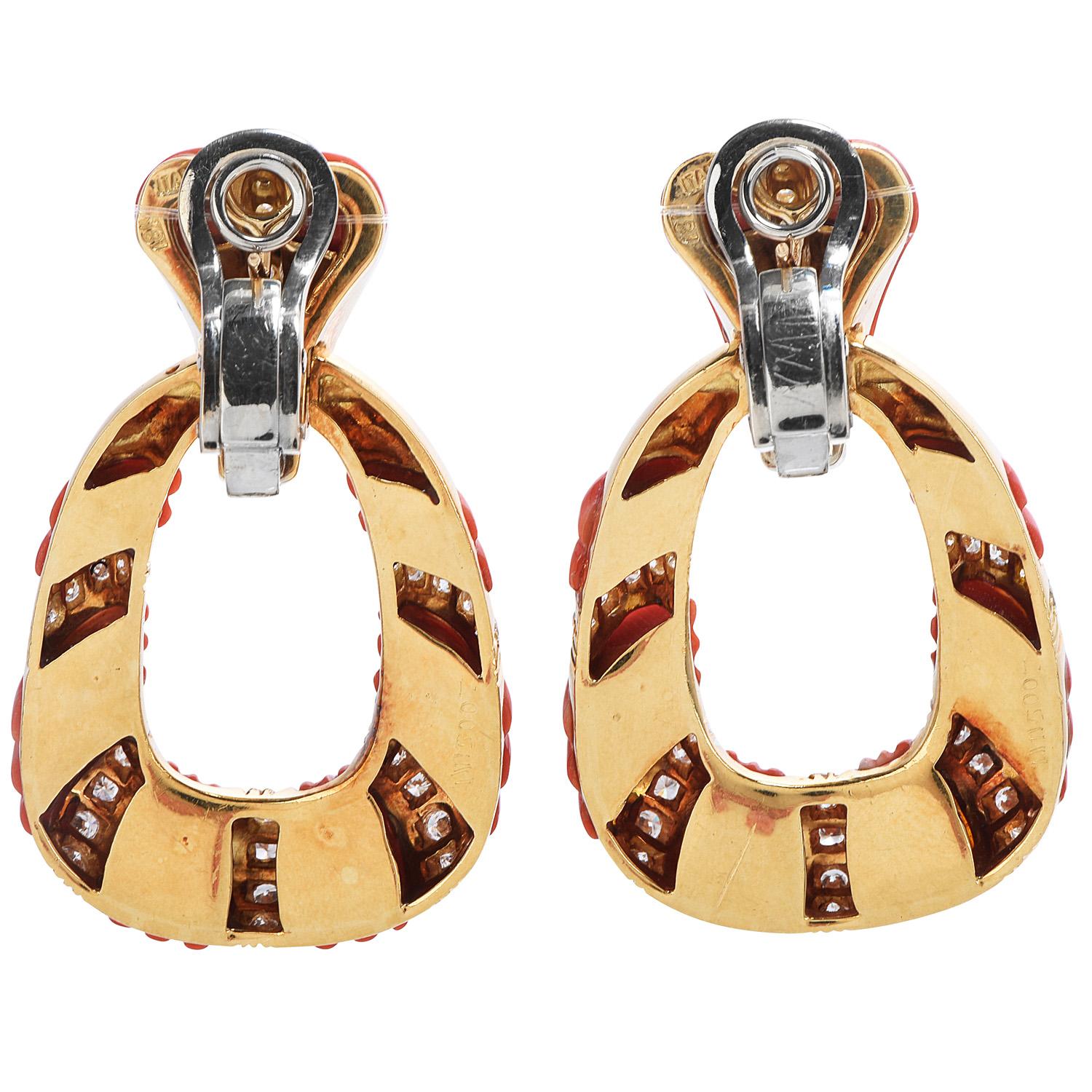 Mixed Cut Vintage Retro Diamond Coral 18k Gold Twist Dangle Door-Knob Earrings
