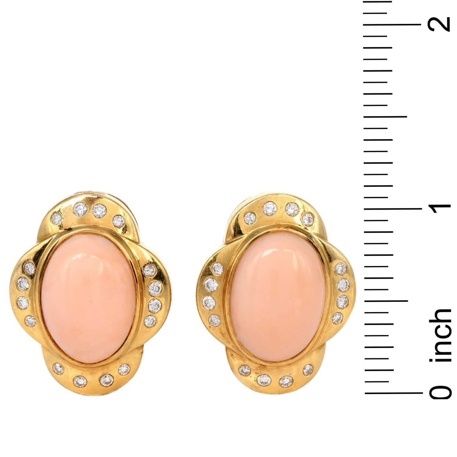 Artist Vintage Retro Diamond Coral 18K Yellow Gold Flower Clip On Earrings For Sale