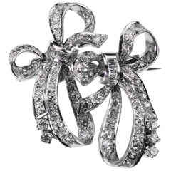 Retro Diamond Double Clip, Ribbon Bow Brooch in Platinum