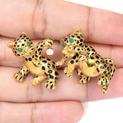 Vintage Retro Diamond Emerald 18K Gold Enamel Baby Cheetah Cat Pin Brooch