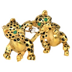 Vintage Retro Diamond Emerald 18K Gold Enamel Baby Cheetah Cat Pin Brooch