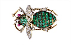 Vintage Retro Diamond Emerald Ruby Gold Insect May Beetle Brooch