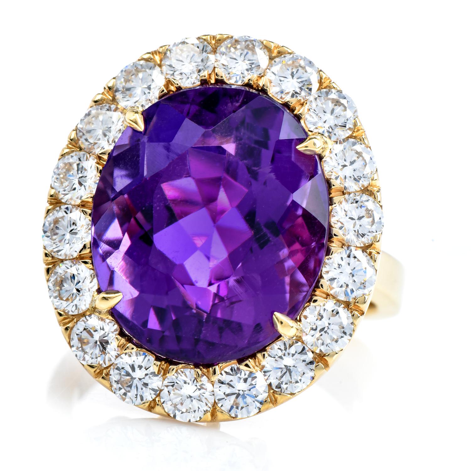 An exquisite Vivid Fine Amethyst surrounded by a diamond halo is a timeless look impossible to ignore!

this glamorous ring is crafted in solid 18K Yellow Gold.

Consists of approx. 10.00 carat Amethyst, surrounded by 18 round-cut diamonds, weighing