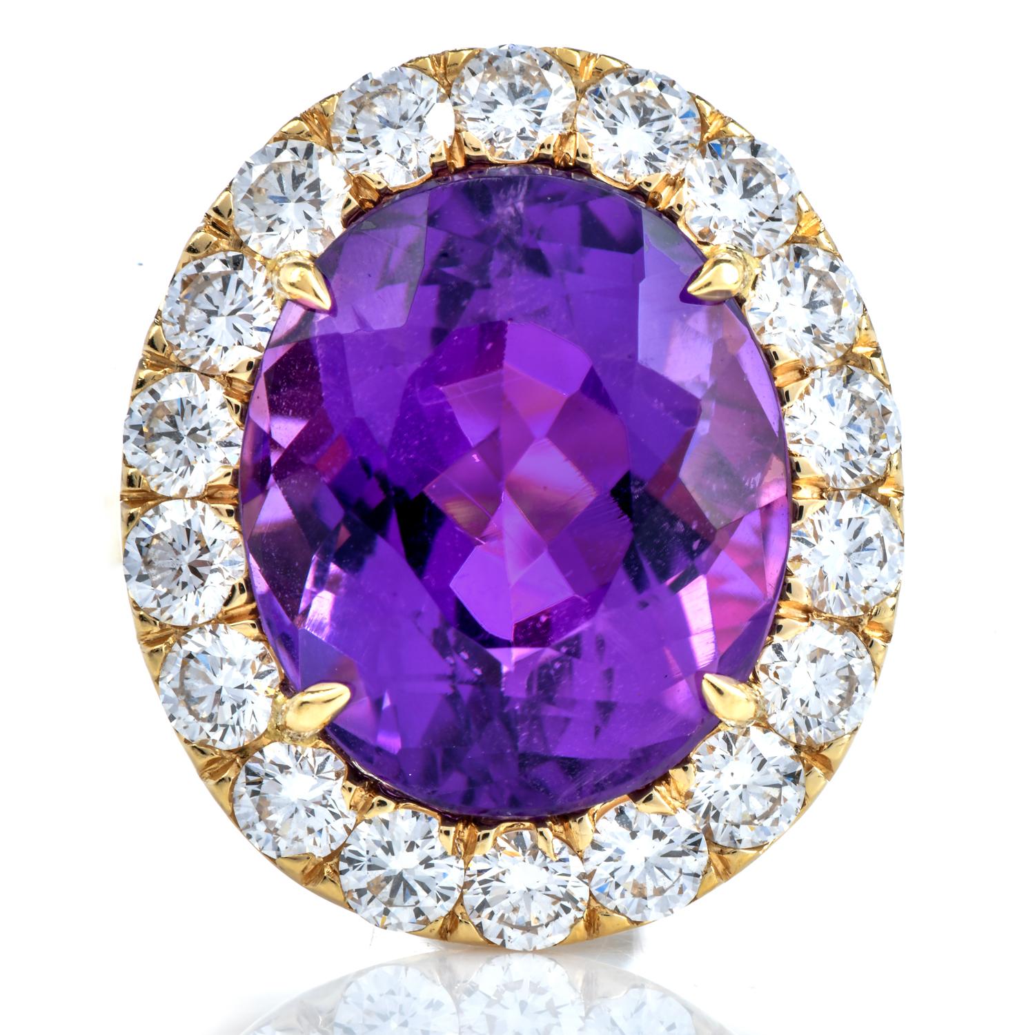 Oval Cut Vintage Retro Diamond Fine Amethyst 18k Yellow Gold Halo Cocktail Ring For Sale