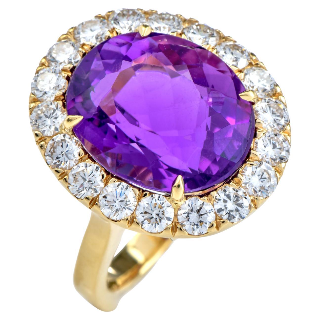 Vintage Retro Diamond Fine Amethyst 18k Yellow Gold Halo Cocktail Ring For Sale