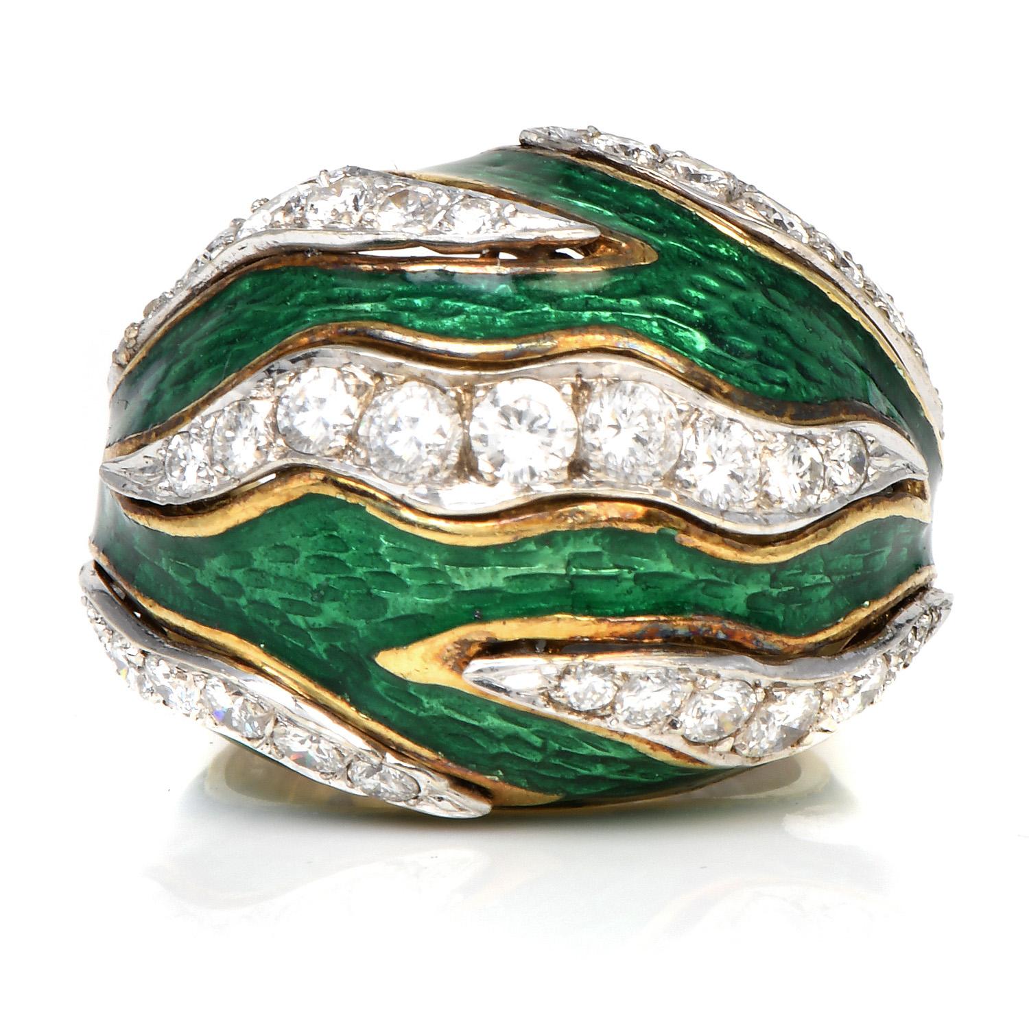 his regal design will captivate everyone!

This Vintage 1950's ring, Features textured Green Enameling accents, accented by a channeled pattern throughout of round brilliant cut diamonds.

With 37 natural genuine diamonds weigh cumulatively appx.