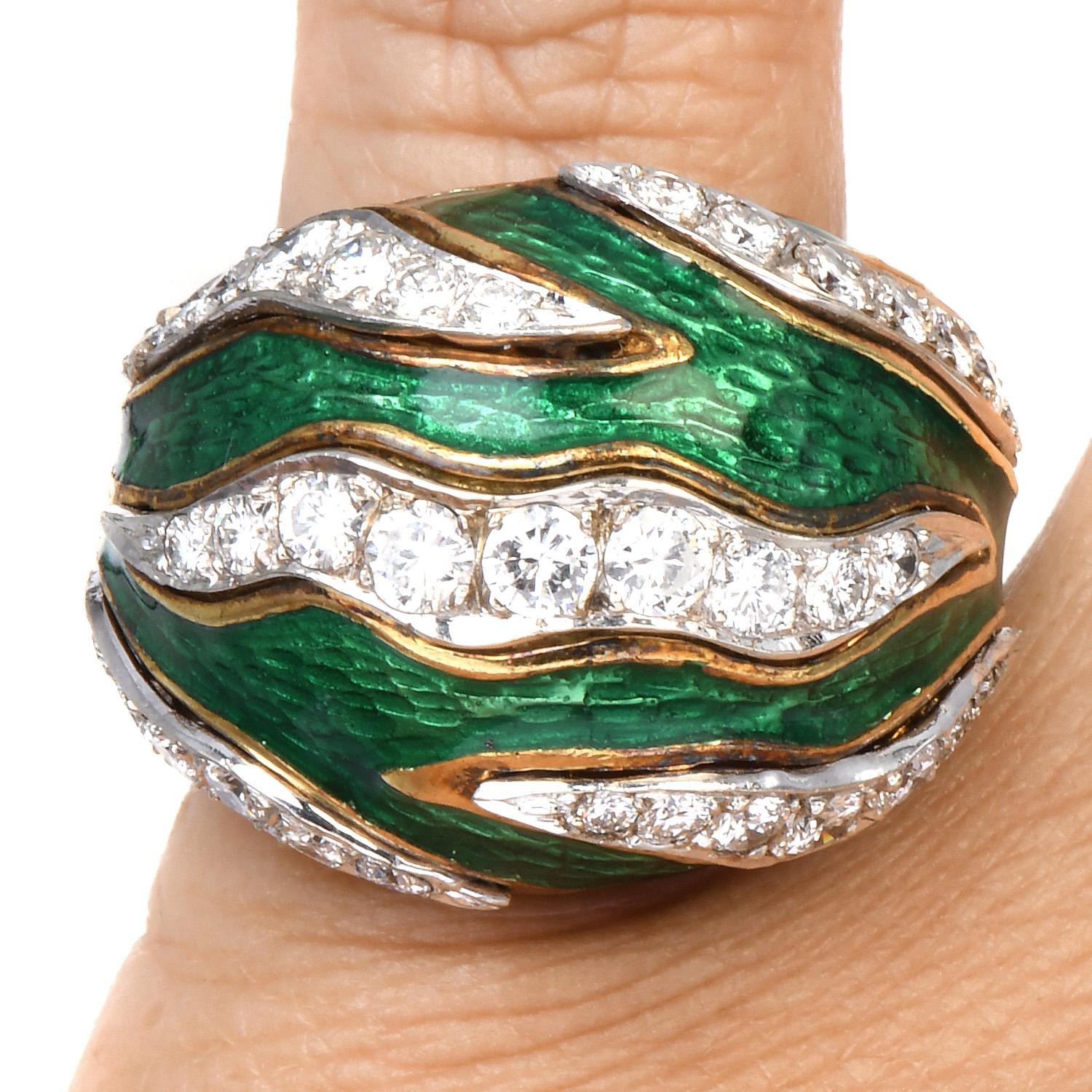 Round Cut Vintage Retro Diamond Green Enamel 18K Gold Channeled Dome Cocktail Ring For Sale