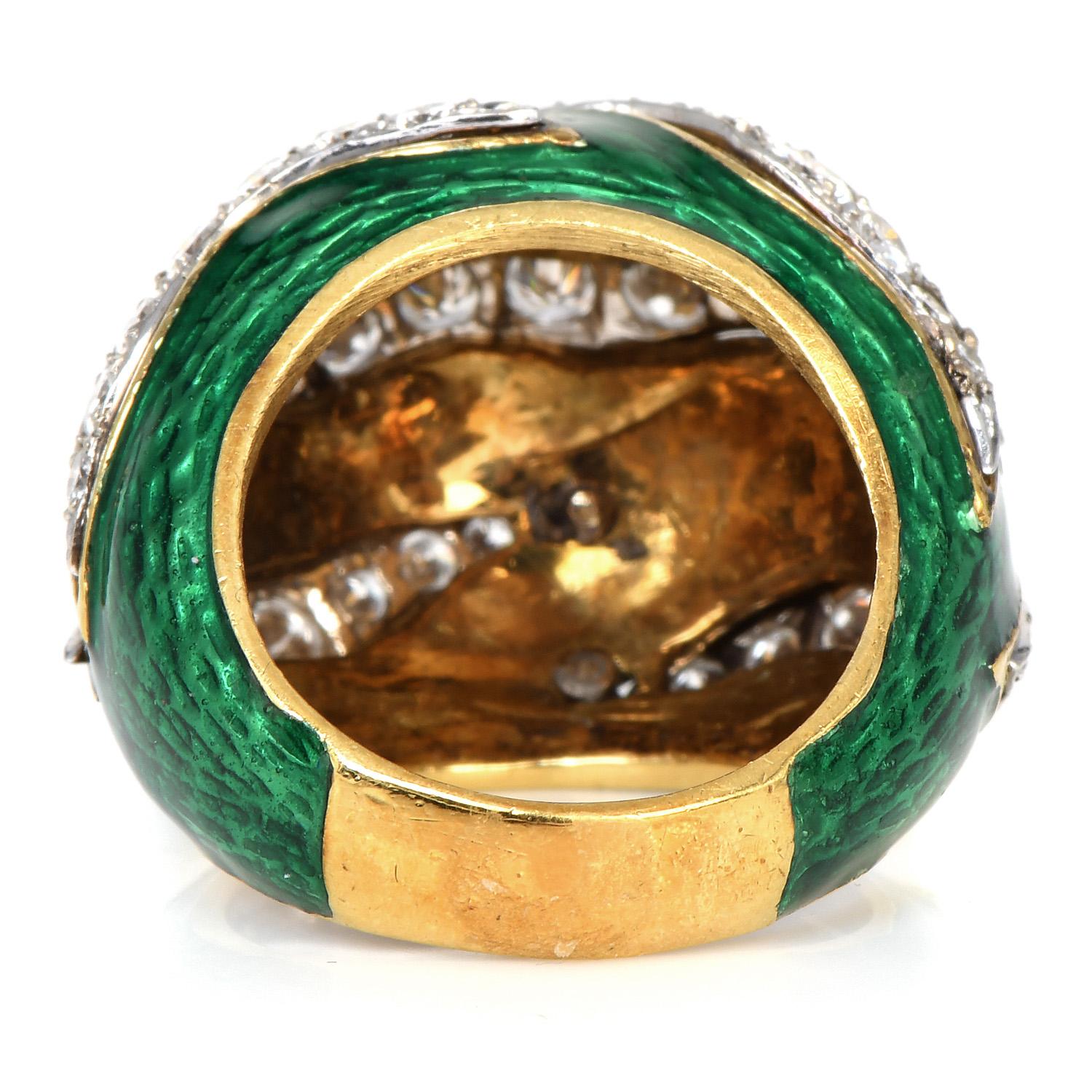 Women's Vintage Retro Diamond Green Enamel 18K Gold Channeled Dome Cocktail Ring For Sale