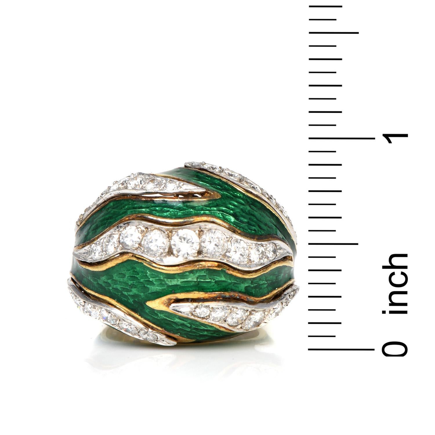 Vintage Retro Diamond Green Enamel 18K Gold Channeled Dome Cocktail Ring For Sale 1