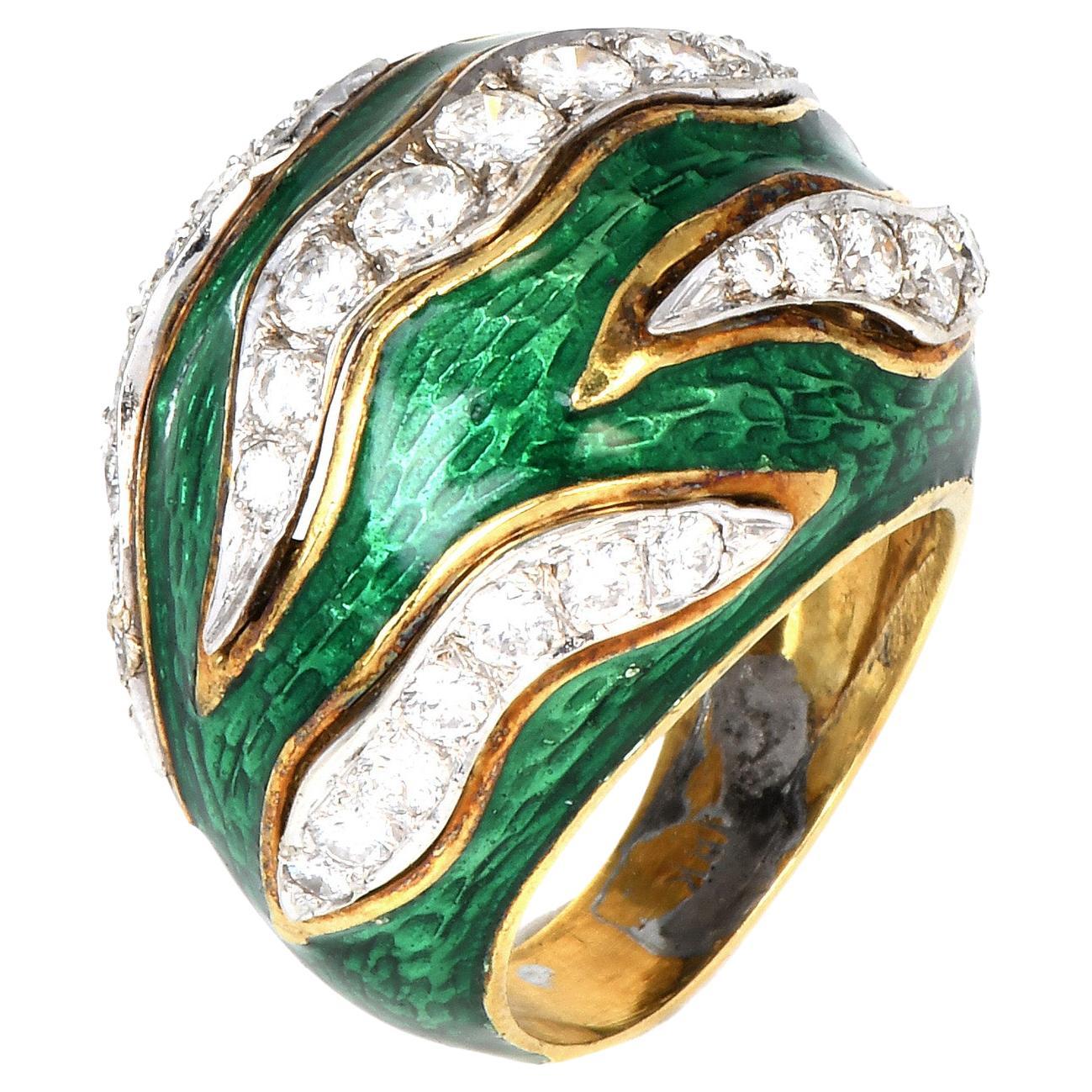 Vintage Retro Diamond Green Enamel 18K Gold Channeled Dome Cocktail Ring For Sale