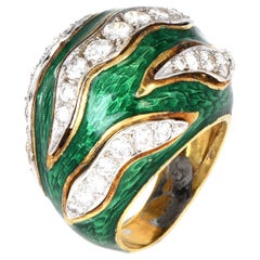 Vintage Retro Diamond Green Enamel 18K Gold Channeled Dome Cocktail Ring
