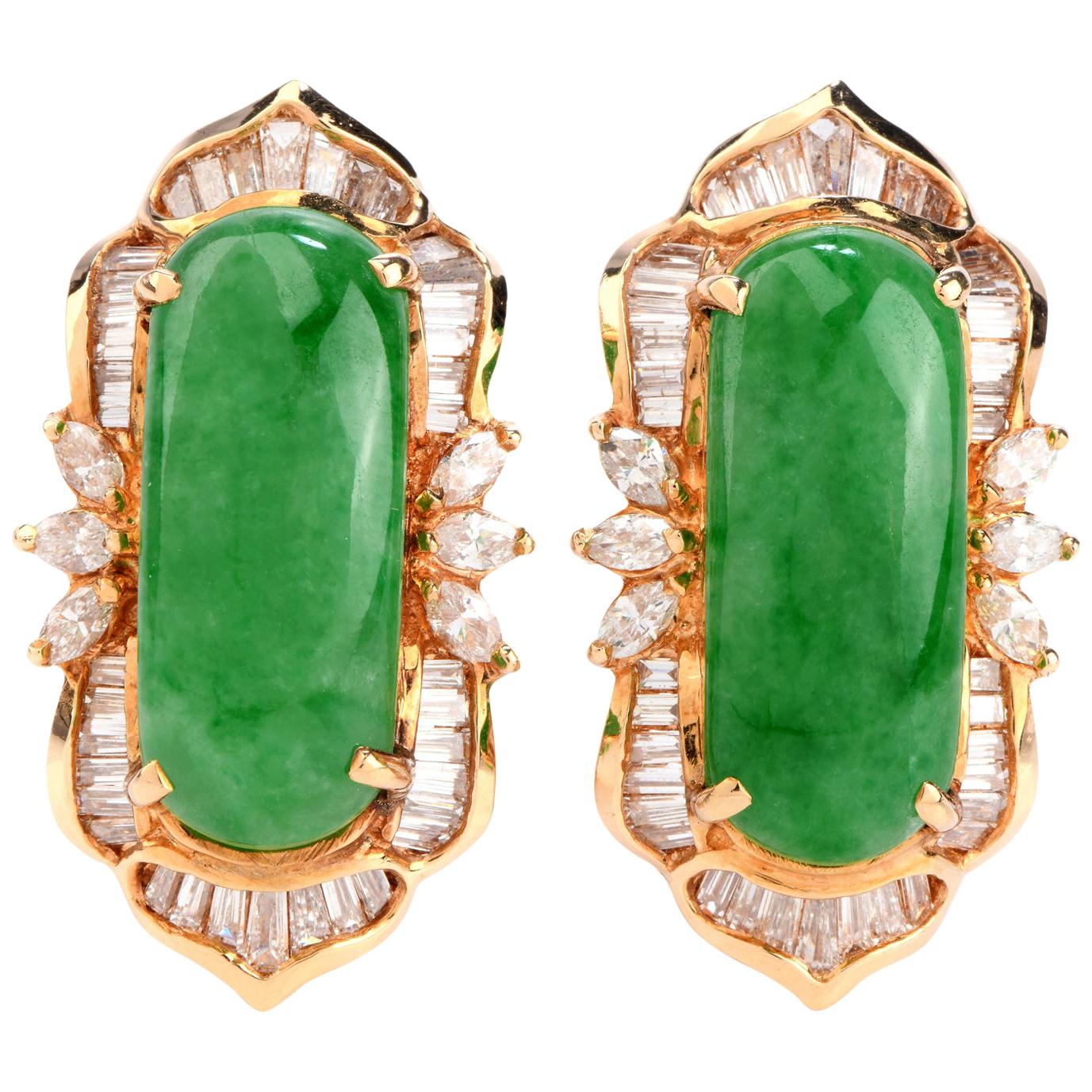 Vintage Retro Diamond Green Jade 18 Karat Gold Clip-On Earrings