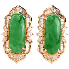 Vintage Retro Diamond Green Jade 18 Karat Gold Clip-On Earrings