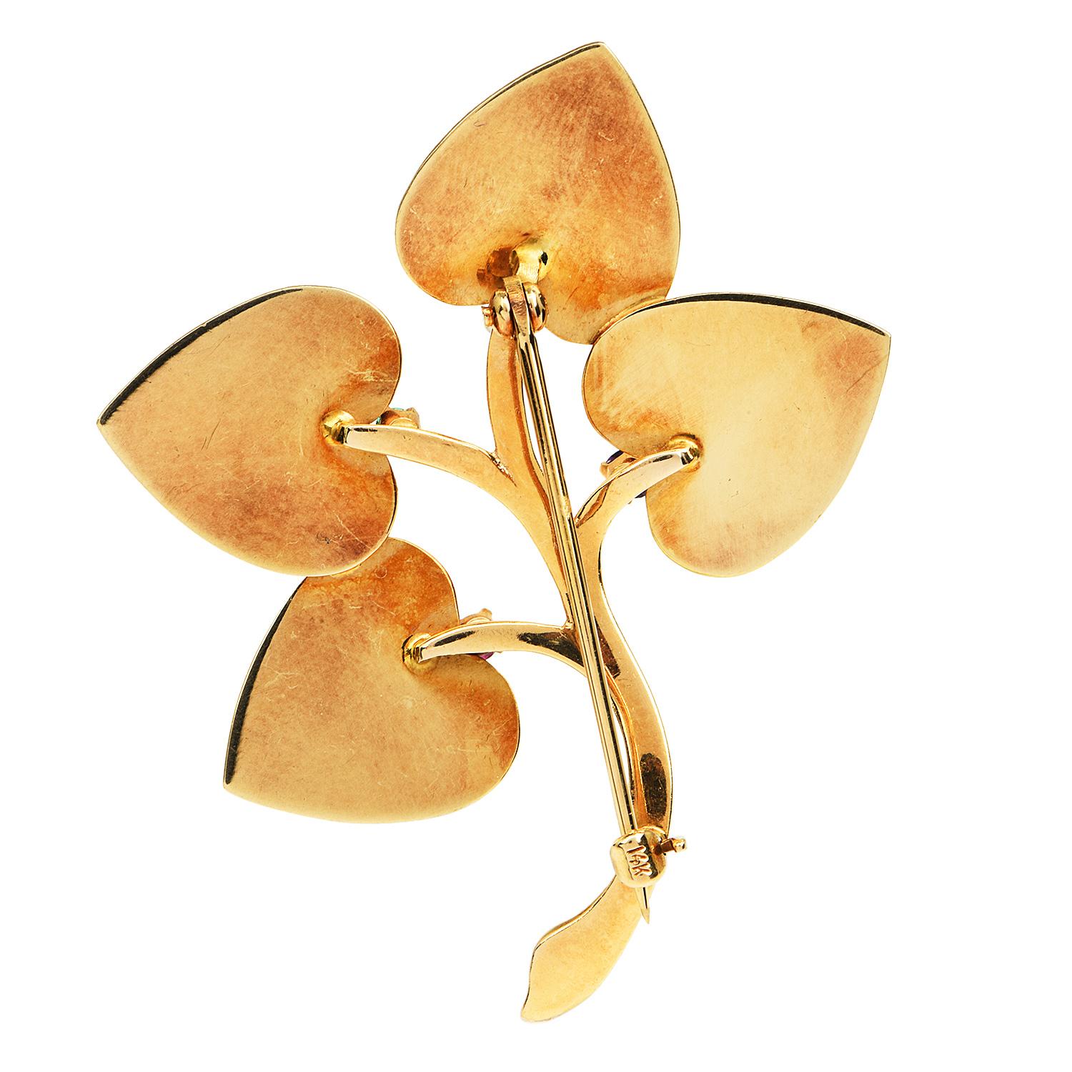Vintage Retro Diamond Multicolor Gemstone Yellow Gold Floral Leaf Brooch Pin In Excellent Condition In Miami, FL