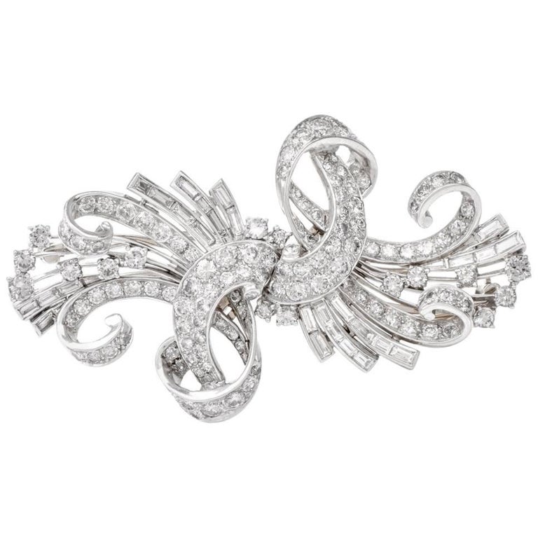 Vintage Retro Diamond Platinum Double Clip Brooch Pin For Sale at 1stdibs