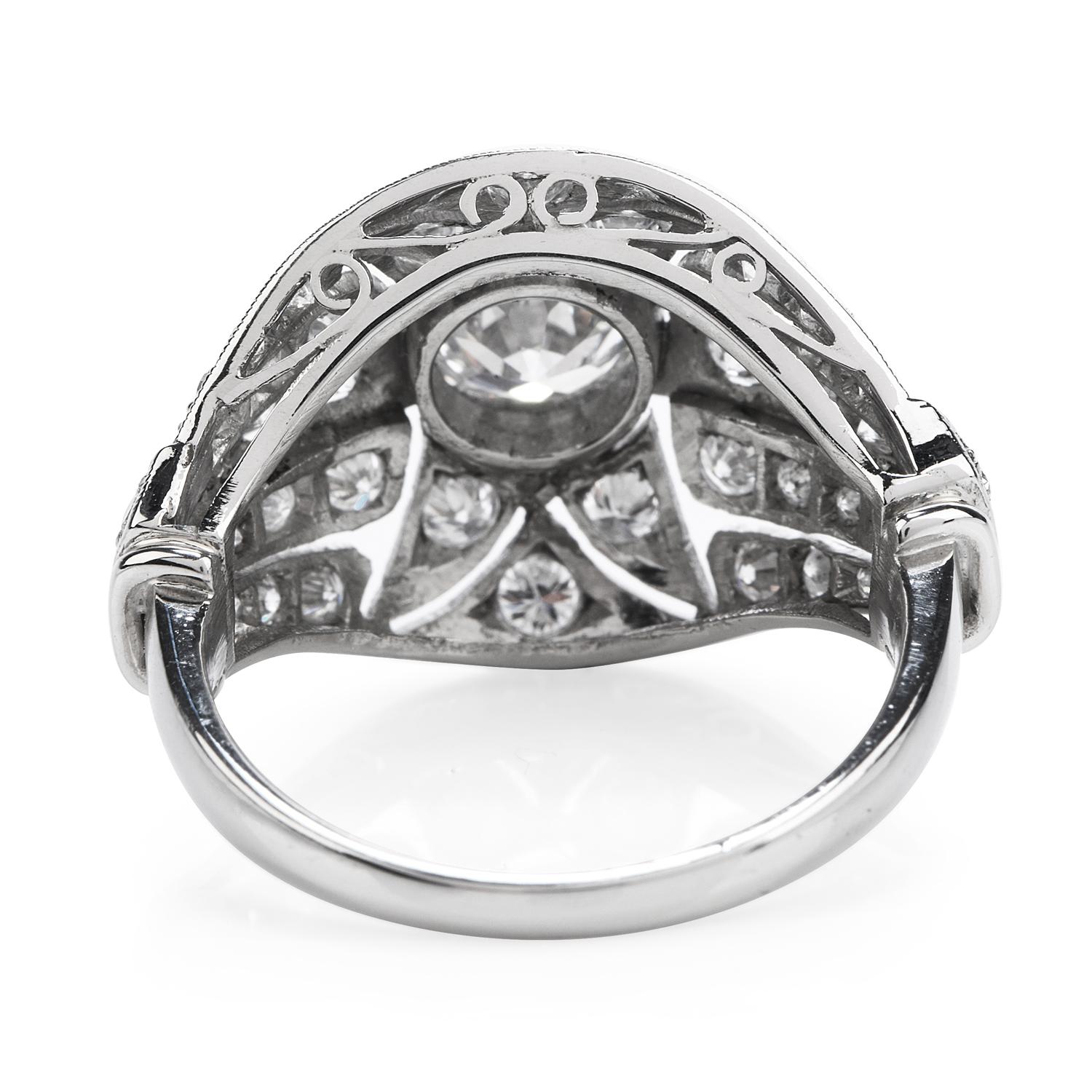 Vintage Retro Diamond Platinum Filigree Engagement Ring In Excellent Condition In Miami, FL