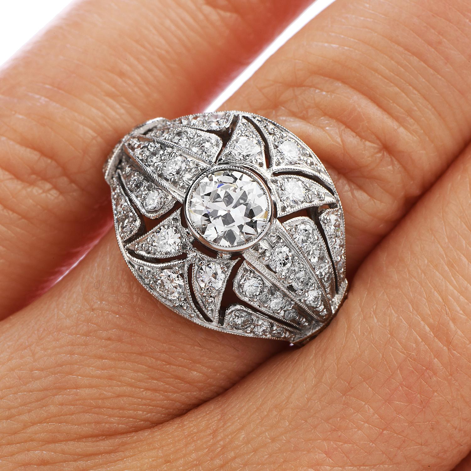 Women's or Men's Vintage Retro Diamond Platinum Filigree Engagement Ring