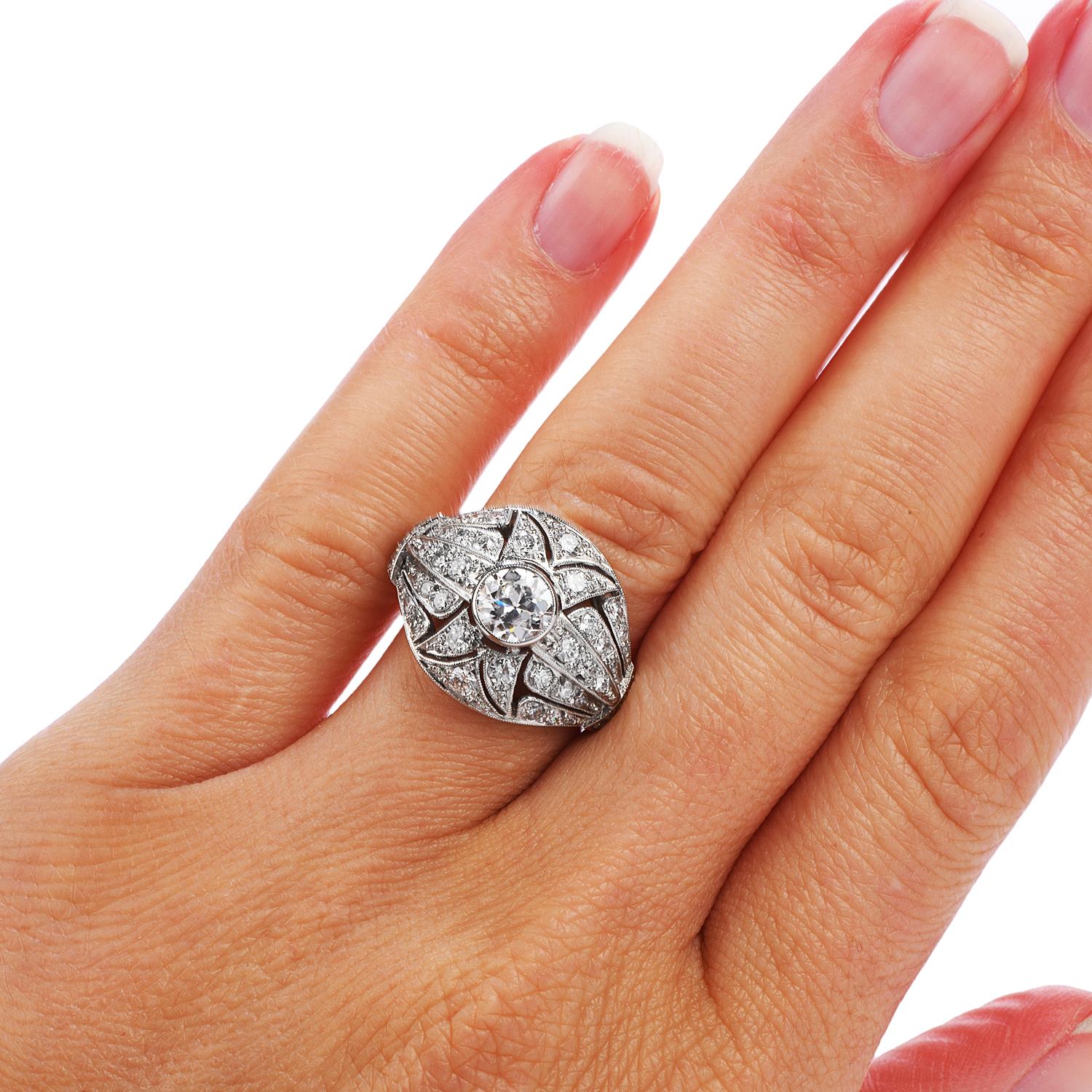 Vintage Retro Diamond Platinum Filigree Engagement Ring 1