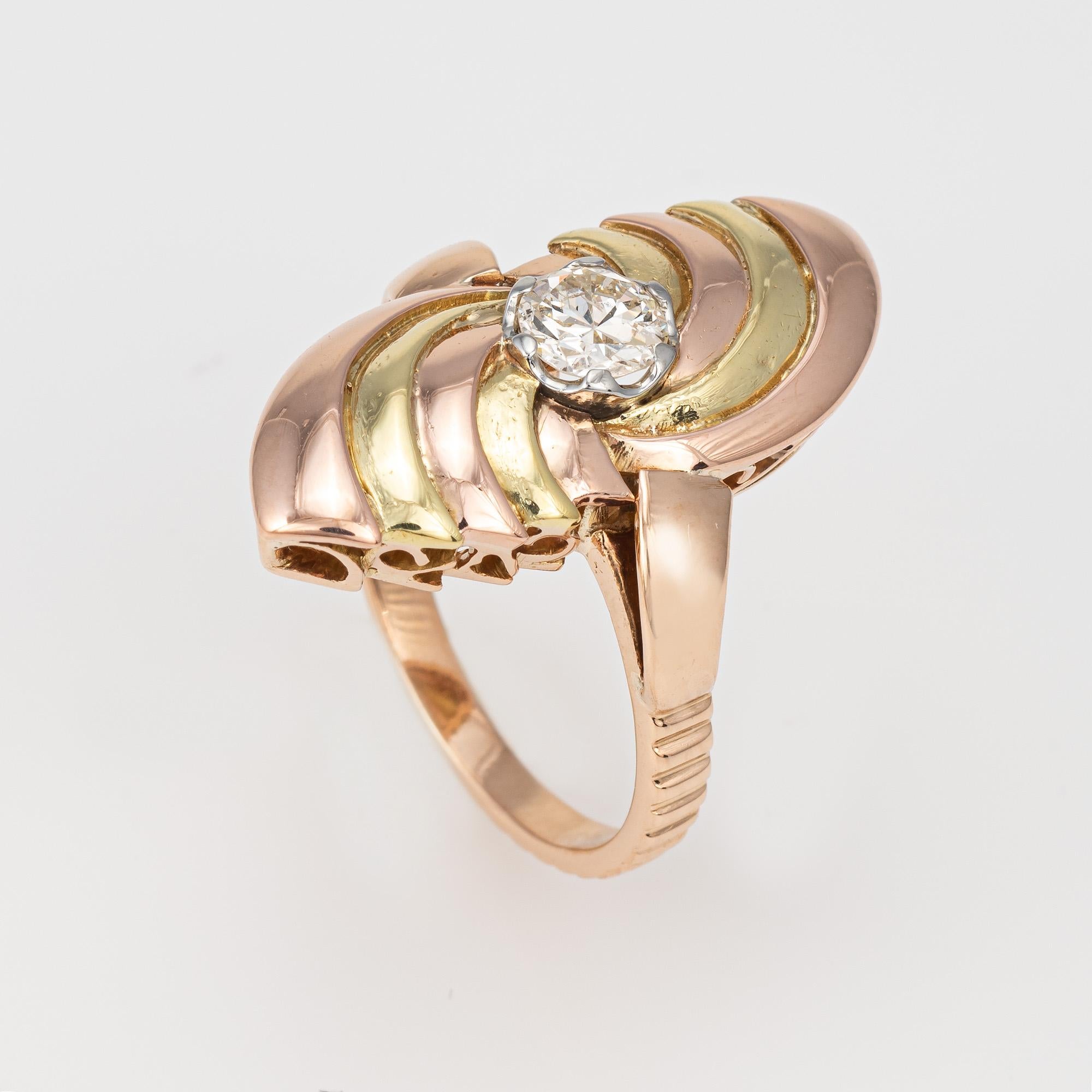 Stylish vintage retro diamond ring (circa 1940s to 1950s) crafted in 18 karat yellow & rose gold. 

Old European cut diamond is estimated at 0.35 carats (estimated at J-K color and SI2-I1 clarity).

Crafted in two-tone yellow & rose gold the ring is
