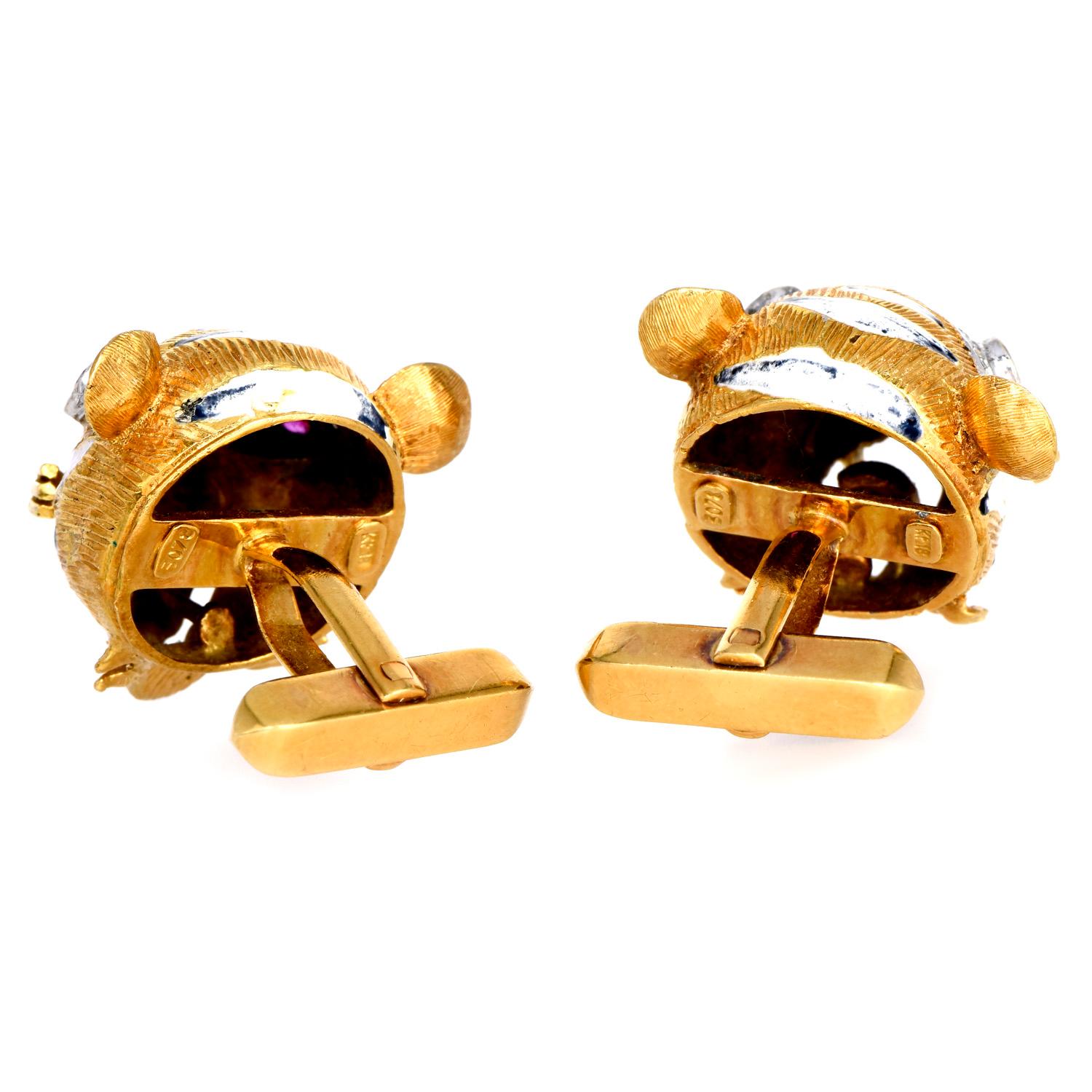 Vintage Retro Diamond Ruby Onyx 18K Yellow Gold Enamel Tiger Cufflinks In Excellent Condition In Miami, FL