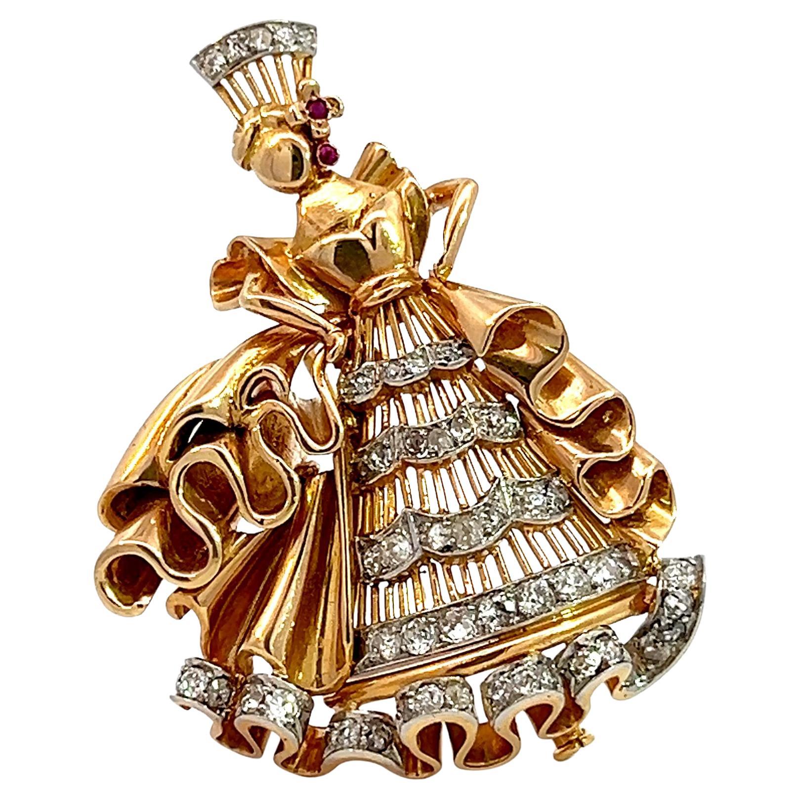 Vintage Retro Diamond Ruby Queen Brooch Pin For Sale 3