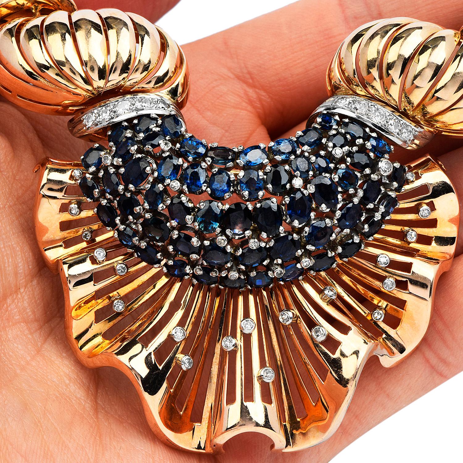 Vintage Retro Diamond Sapphire Cluster 18K Gold Shell Necklace  In Excellent Condition In Miami, FL