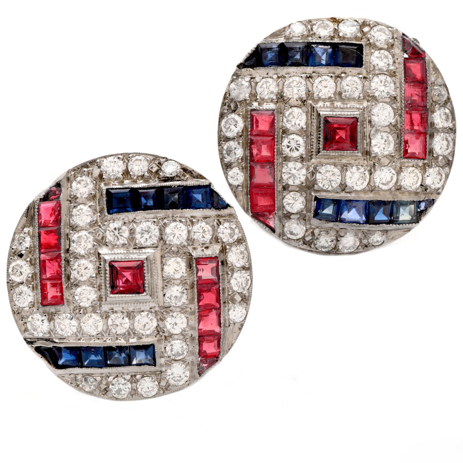 Vintage Sparkle & Elegance.

Celebrate America with these beautiful round earrings that offer bright contrasting

colors of white and ruby red with a dash of blue sapphire.

Crafted in Solid Platinum,

 (62) round-cut Genuine Diamonds run throughout