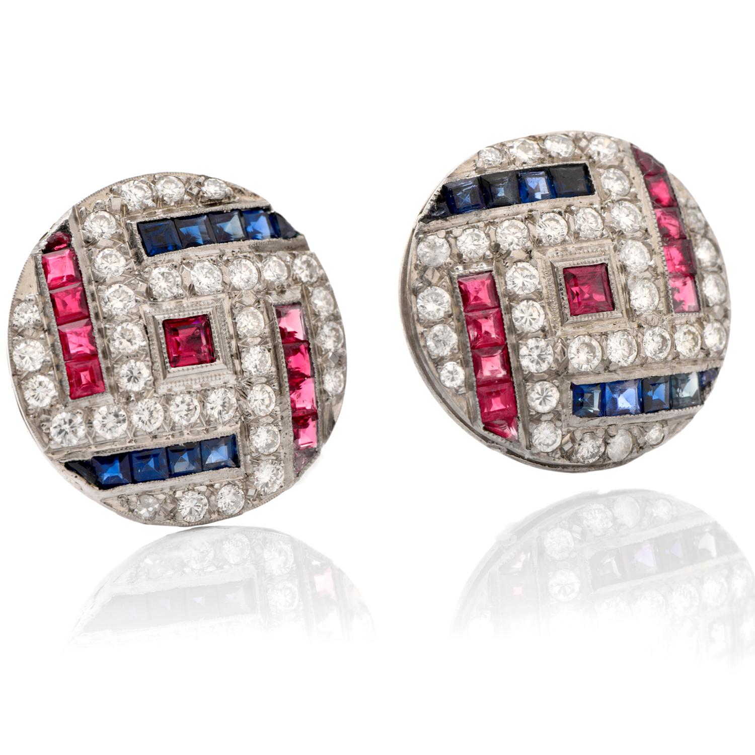 Art Deco Vintage Retro Diamond Sapphire Ruby Platinum Round Clip Back Earrings For Sale