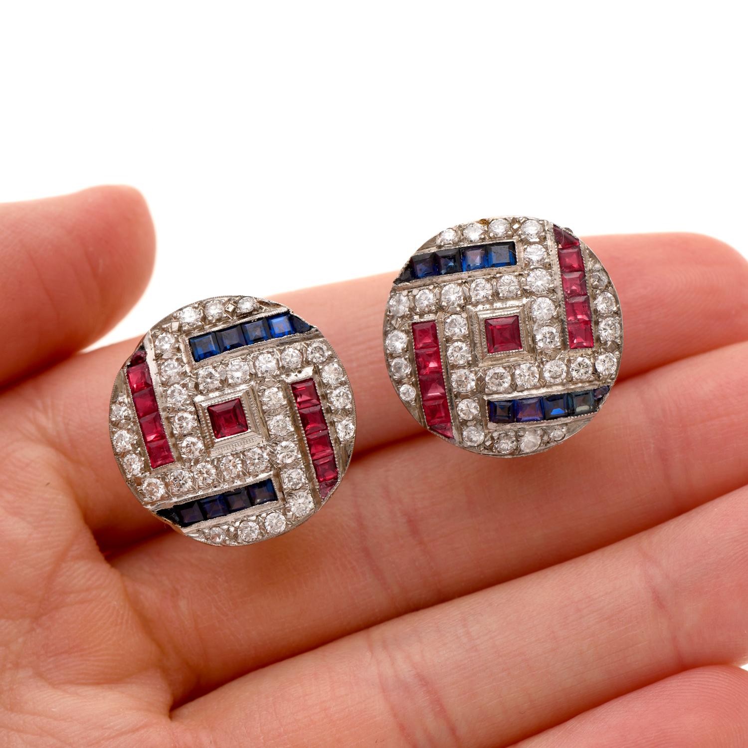 Vintage Retro Diamond Sapphire Ruby Platinum Round Clip Back Earrings In Excellent Condition For Sale In Miami, FL