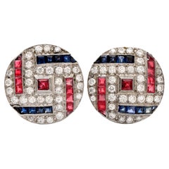 Vintage Retro Diamond Sapphire Ruby Platinum Round Clip Back Earrings