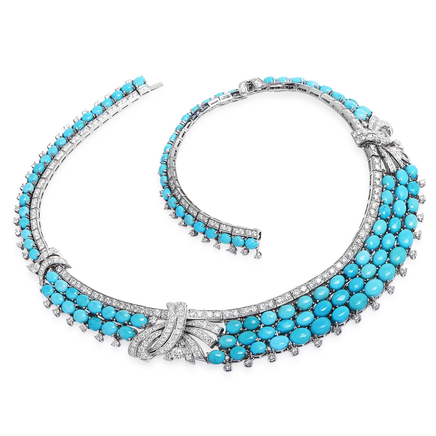 A marvelous display of natural Persian Turquoise and vivid, dazzling sparkle of fine natural diamonds!

Finely crafted in 18K White Gold, this piece is enhanced by three-row links with crossover accents in diamonds dancing all over this
