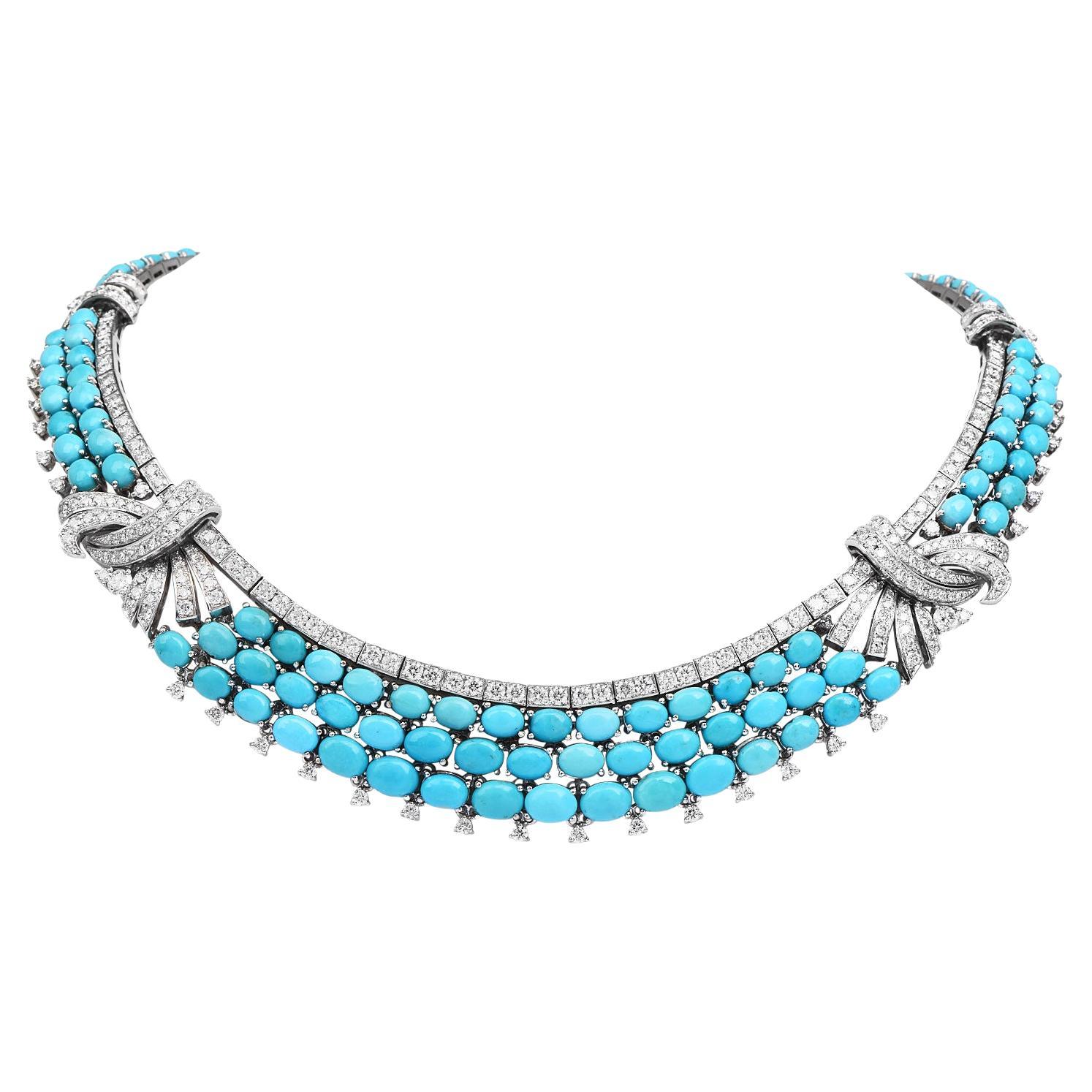 Vintage Retro Diamond Turquoise 18K White Gold Wide Link Necklace