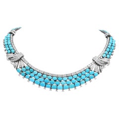 Vintage Retro Diamond Turquoise 18K White Gold Wide Link Necklace