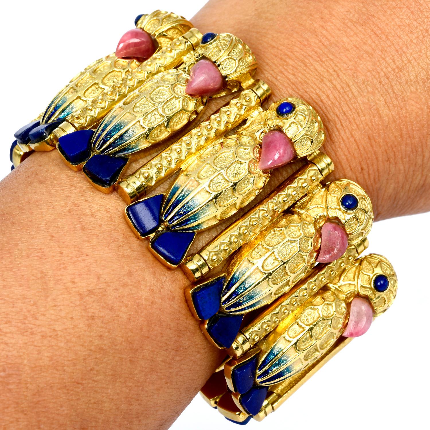 Cabochon Vintage Retro Egyptian Lapis Lazuli Coral 18K Gold Enamel Wide Parrot Bracelet