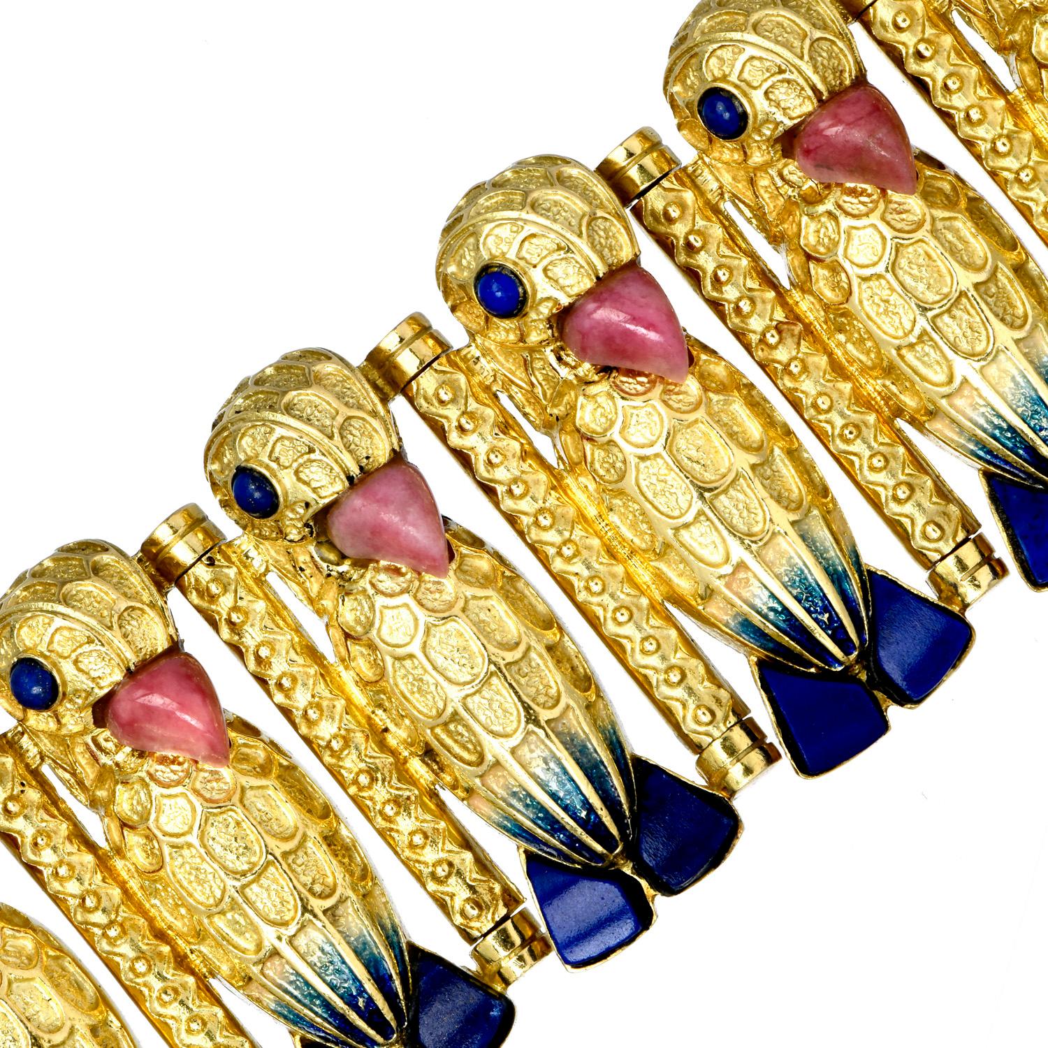Women's Vintage Retro Egyptian Lapis Lazuli Coral 18K Gold Enamel Wide Parrot Bracelet