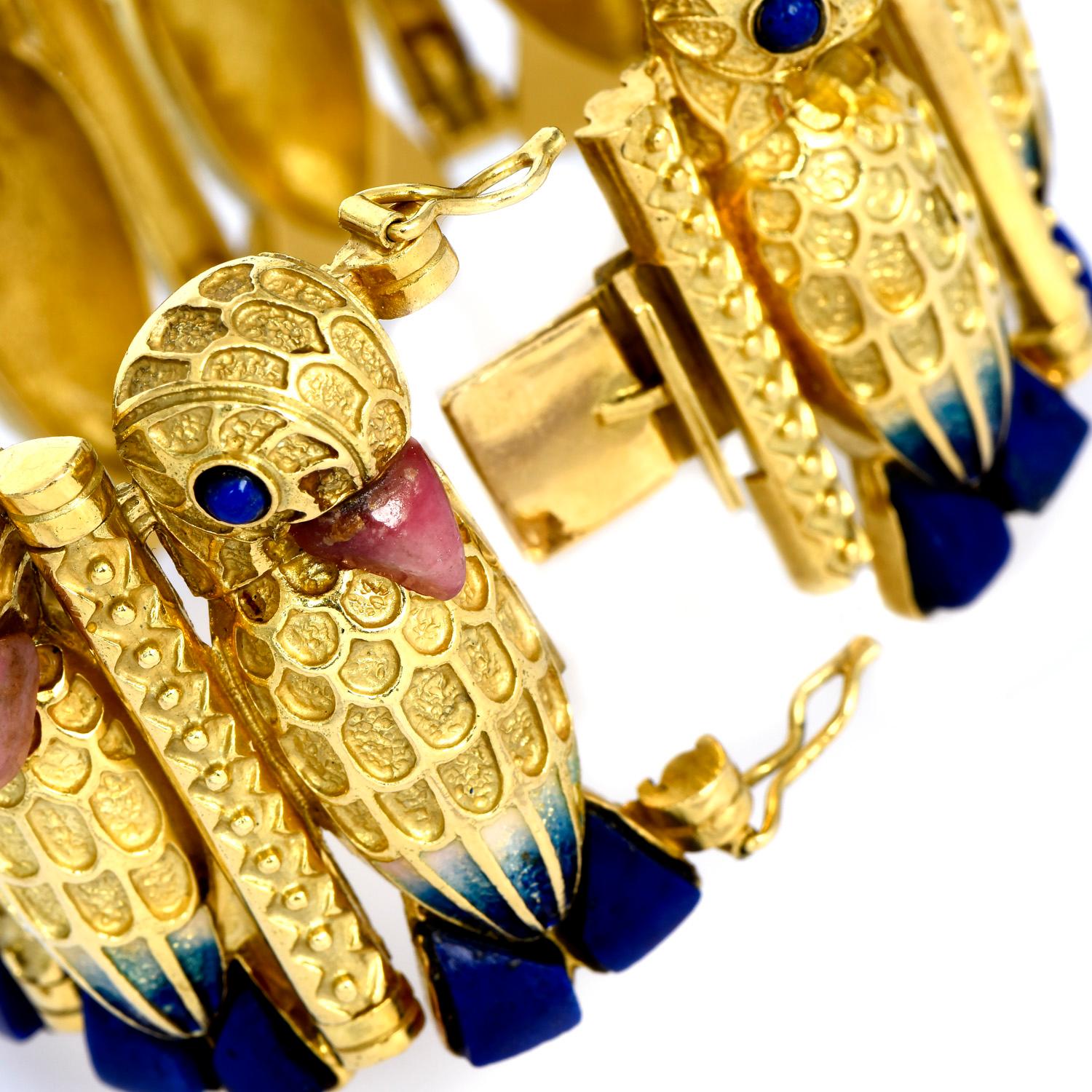 Vintage Retro Egyptian Lapis Lazuli Coral 18K Gold Enamel Wide Parrot Bracelet 1