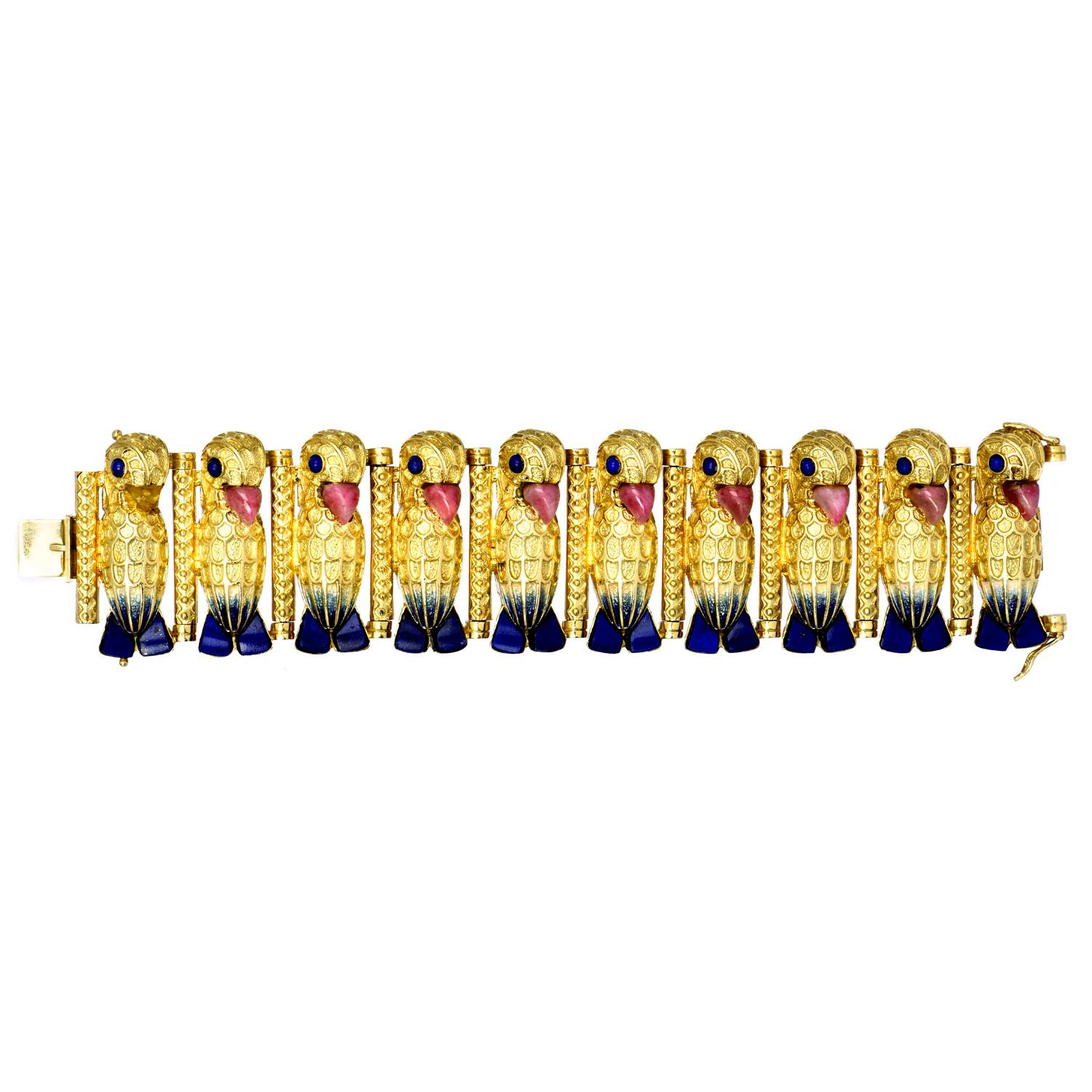 Vintage Retro Egyptian Lapis Lazuli Coral 18K Gold Enamel Wide Parrot Bracelet 2