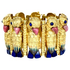 Vintage Retro Egyptian Lapis Lazuli Coral 18K Gold Enamel Wide Parrot Bracelet
