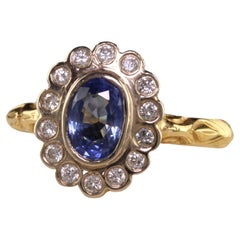 Anello di fidanzamento vintage retrò inglese in oro giallo 18k con zaffiro naturale e diamante