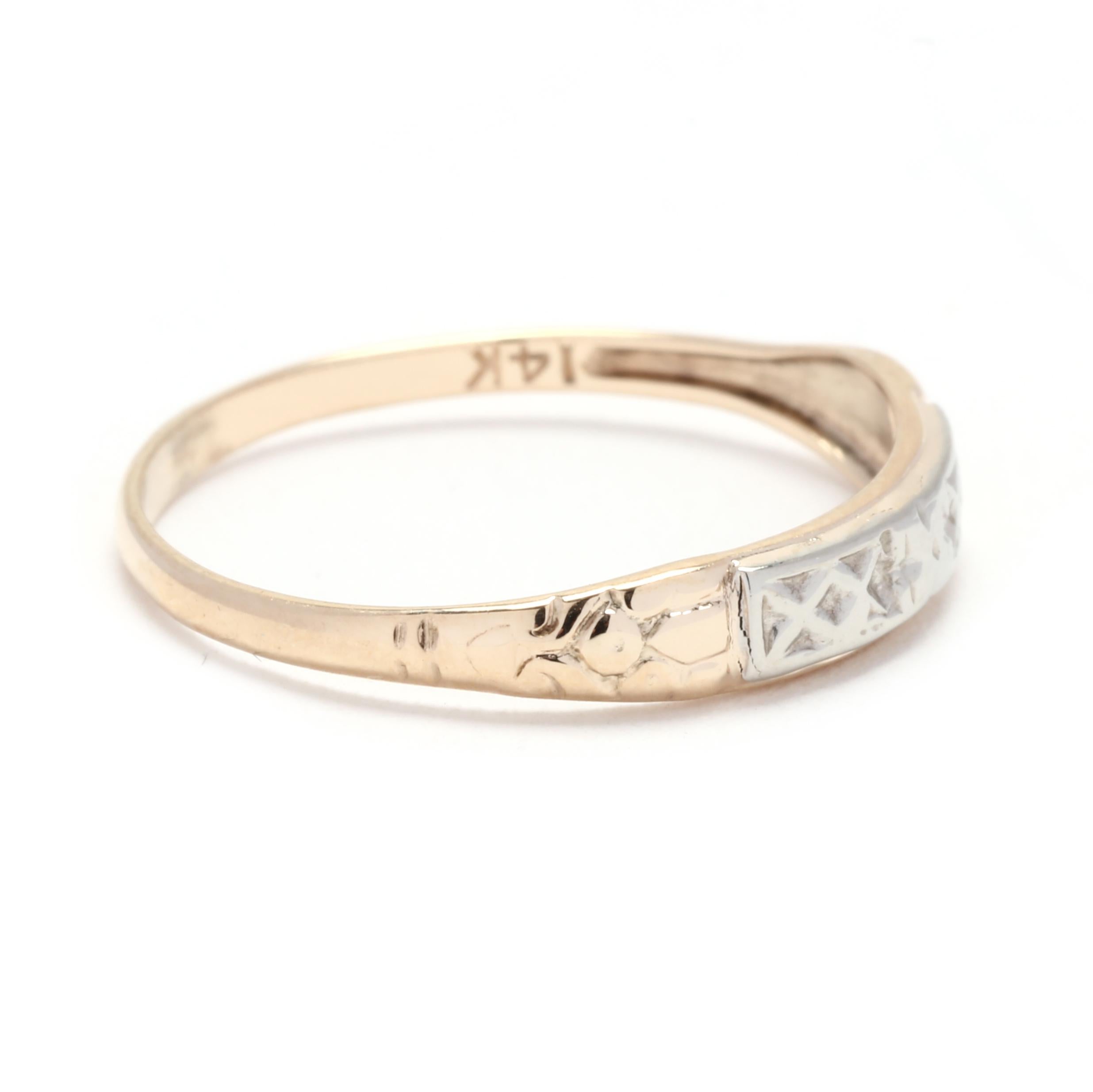 This Thin Engraved Wedding Band is the perfect vintage and retro inspired ring for your special day. Made with 14K yellow gold, this ring features delicate and intricate engravings, adding a romantic and stylish touch to the design.

Ring Size